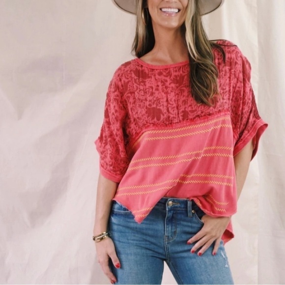 Free People Garnet Royal Combo Red Top Oversized Size M - Picture 4 of 13